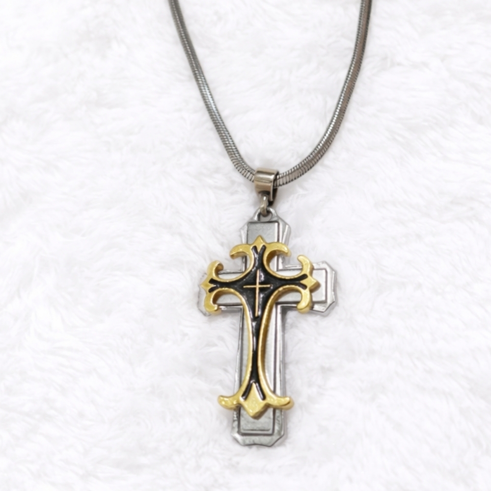 Two-Tone Gothic Cross Necklace – Silver & Gold Pendant